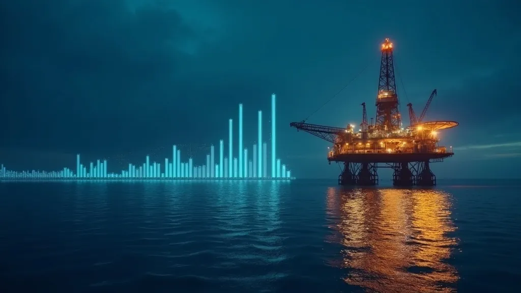 Piattaforma petrolifera offshore luminosa nel Mare del Nord accanto a un grafico prezzi in ciano e oro su sfondo indaco scuro
