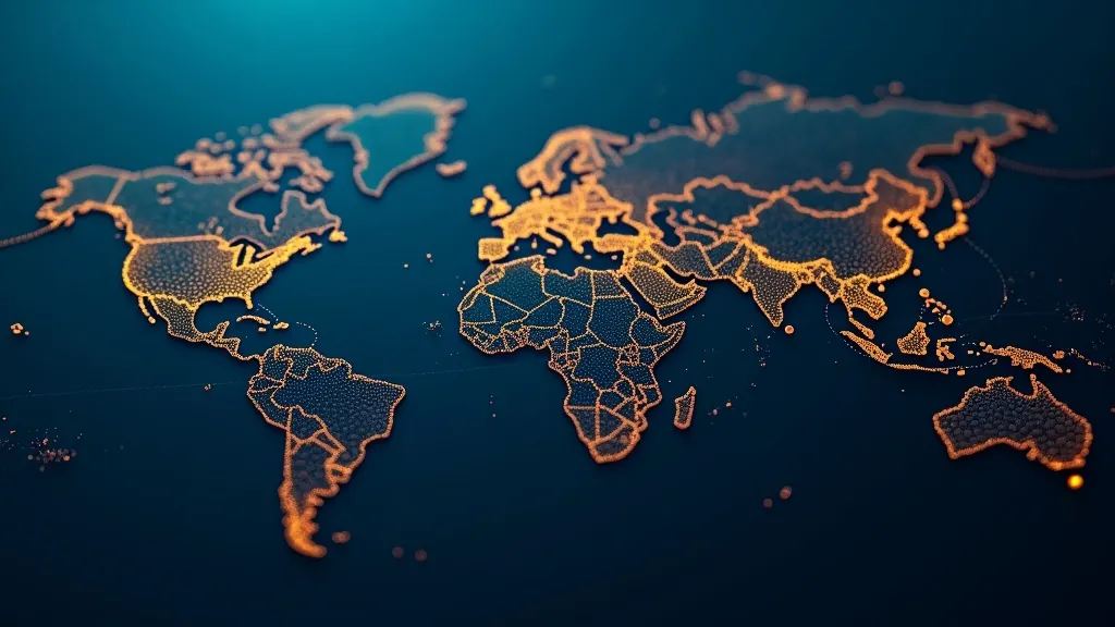 Rete di petroliere luminose e rotte di spedizione globali tracciate in ciano su sfondo blu scuro, con una linea di prezzo in oro luminoso