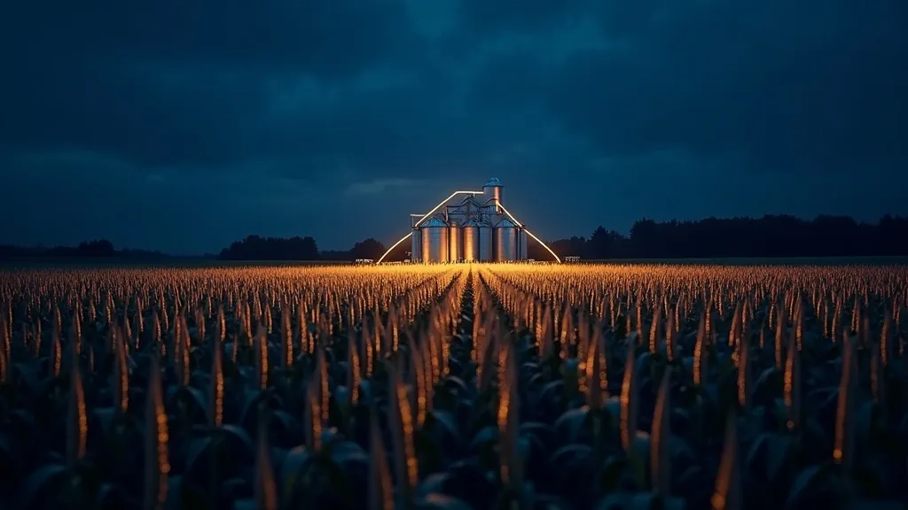 Rangées d'un champ de maïs lumineux menant à des silos à grain avec une ligne de prix éclatante en cyan et or