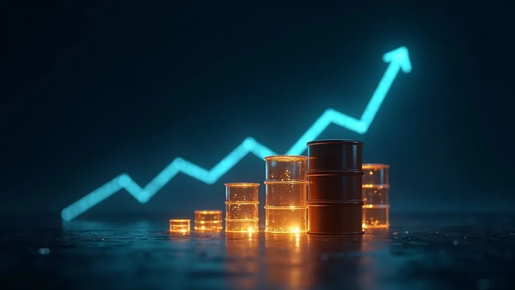 Barils de pétrole lumineux stylisés à côté d'un graphique de prix en hausse et en baisse, en bleu marine foncé avec des accents cyan et or