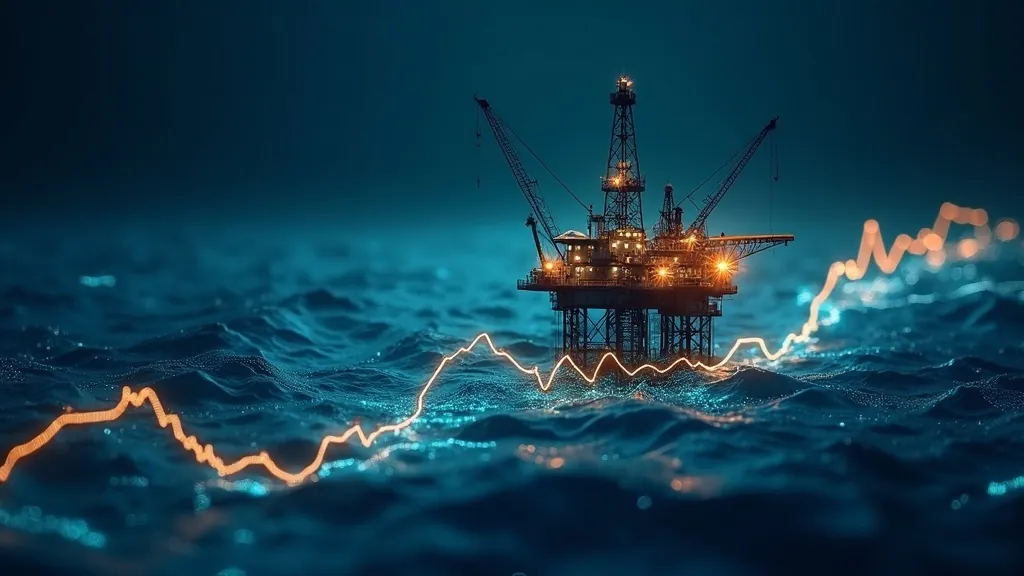 Plateforme pétrolière et oléoduc abstraits avec des lignes d'énergie traçant une courbe de prix en bleu marine, cyan et or