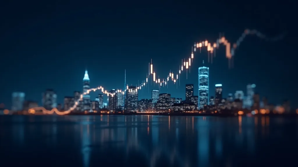 Graphique abstrait lumineux de l'indice boursier britannique au-dessus d'une ligne d'horizon stylisée de la City de Londres en indigo foncé avec des accents cyan et or