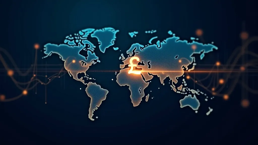Flux de revenus mondiaux abstraits convergeant vers une seule ligne d'indice britannique lumineuse reliée à un symbole stylisé de la livre, bleu marine foncé avec des accents cyan et or
