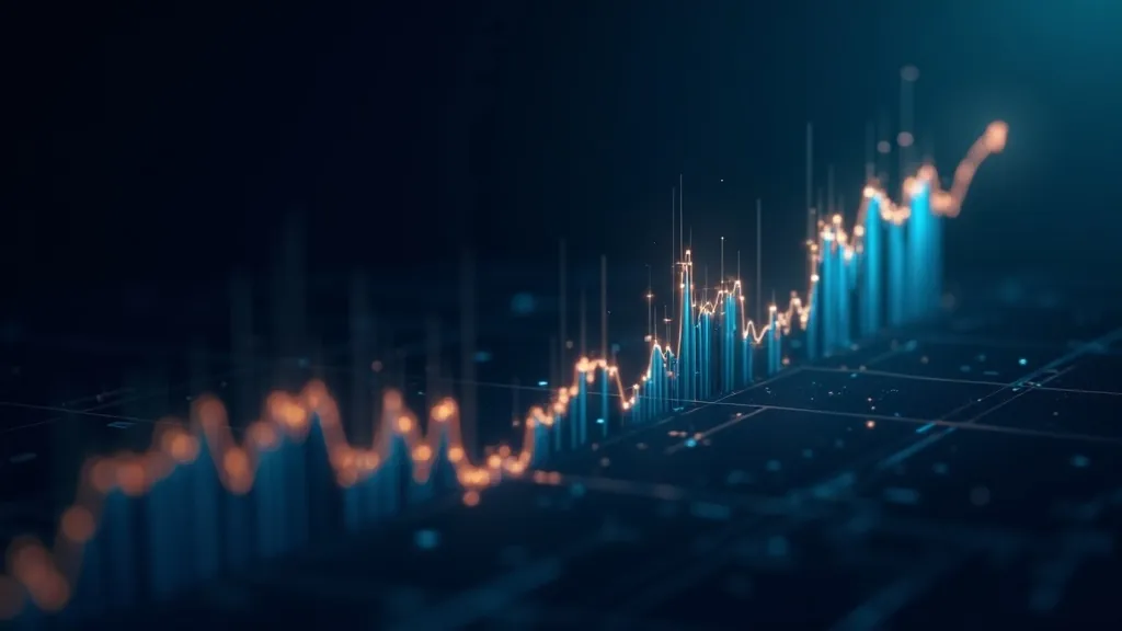Een gloeiende technologiezware indexgrafiek die omhooggaat op een donkere indigo achtergrond met cyaan- en goudaccenten
