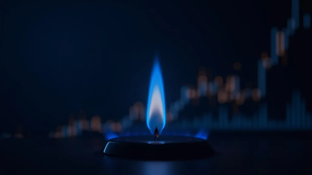 Fiamma di gas blu luminosa accanto a un grafico prezzi volatile in ciano e oro su sfondo indaco scuro