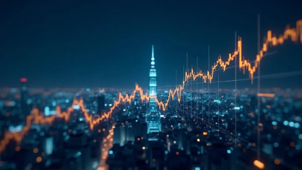 Un grafico luminoso dell'indice azionario giapponese che sale su uno skyline notturno di Tokyo in indaco scuro
