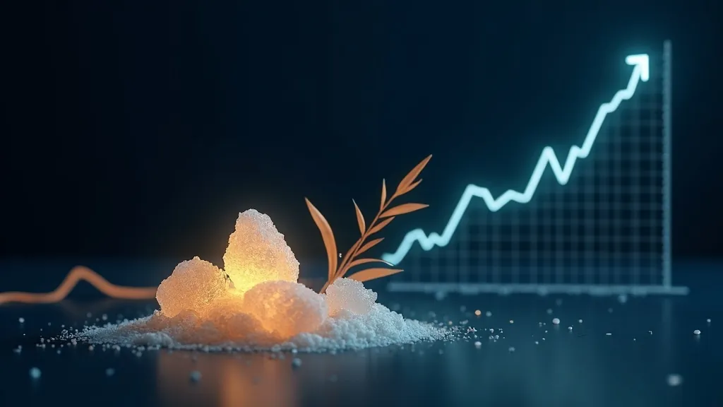 Cristalli di zucchero luminosi stilizzati e un motivo di canna da zucchero accanto a un grafico prezzi in salita su sfondo indaco scuro