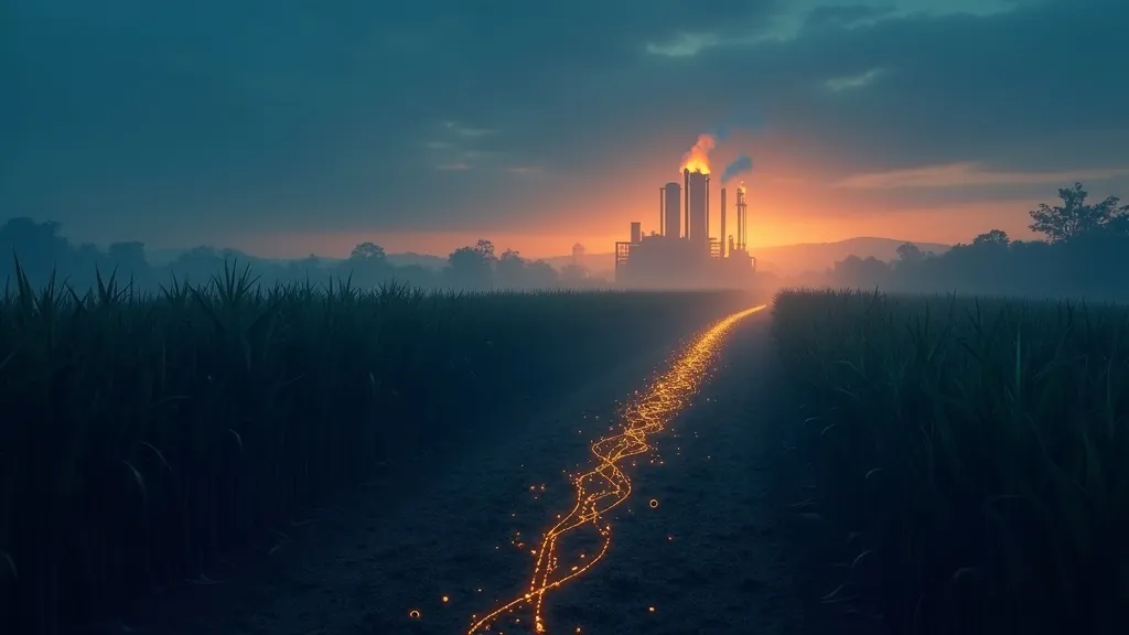 Campi di canna da zucchero e un mulino al tramonto con una linea di prezzo luminosa che si collega a un motivo carburante