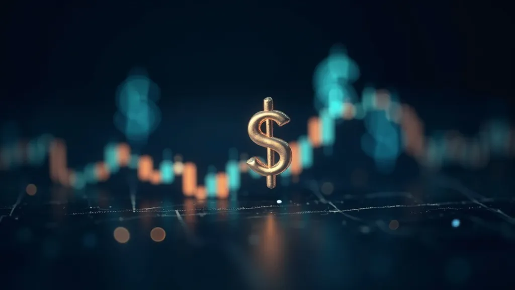 Simboli astratti del dollaro e dello yuan su un grafico forex luminoso in indaco scuro con accenti ciano e oro