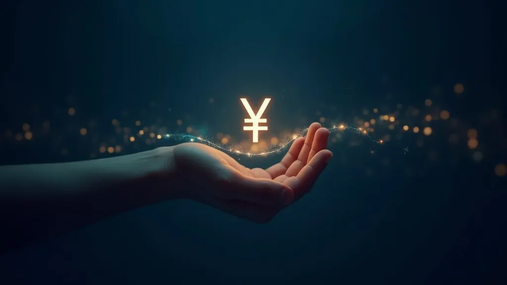 Una mano guida che inquadra una linea del prezzo dello yuan luminosa con una banda intorno ad essa, suggerendo la gestione della banca centrale