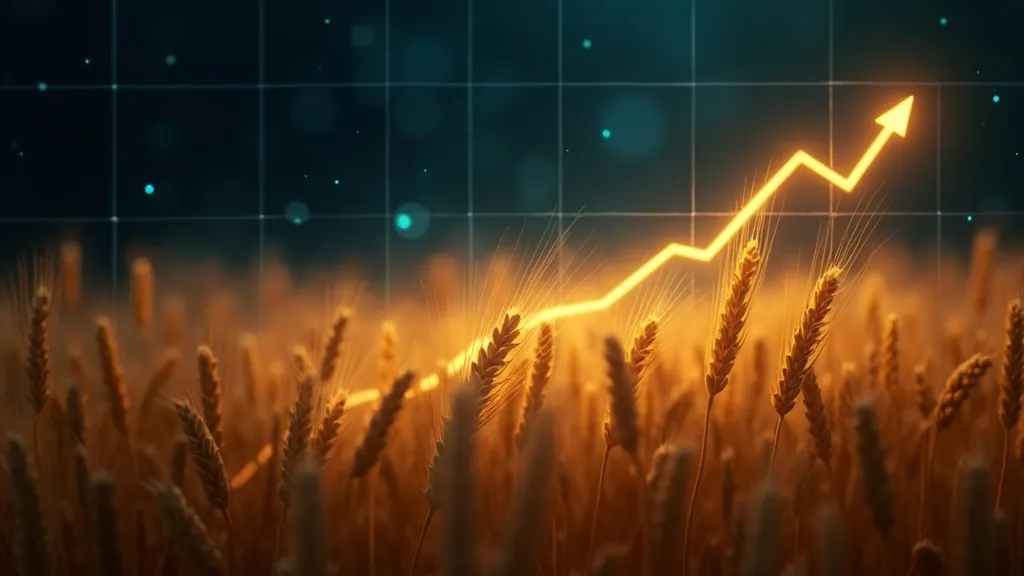 Campo di grano dorato stilizzato che brilla sotto un cielo indaco scuro con sovrimpressione di grafico prezzi