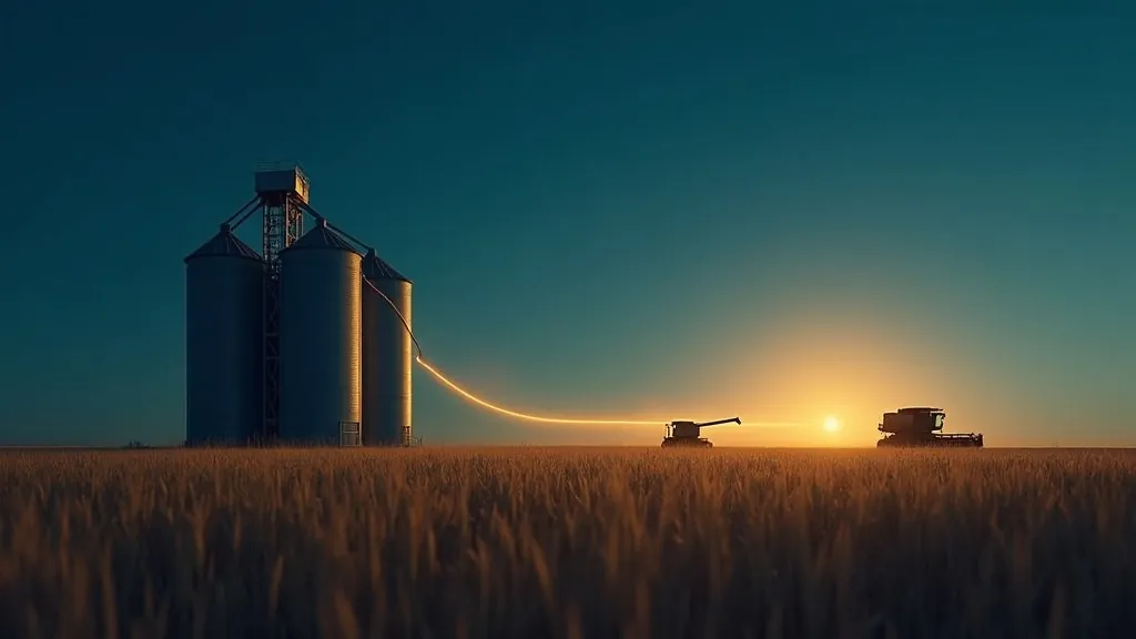 Silos di grano e scena di mietitura notturna con una linea di prezzo luminosa che traccia il cielo