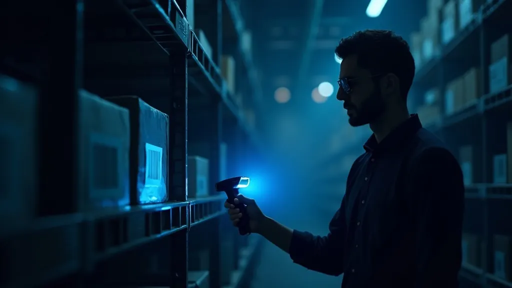 Magazziniere che scansiona un codice a barre luminoso su un pacco con striature di luce ciano e dorata su sfondo navy