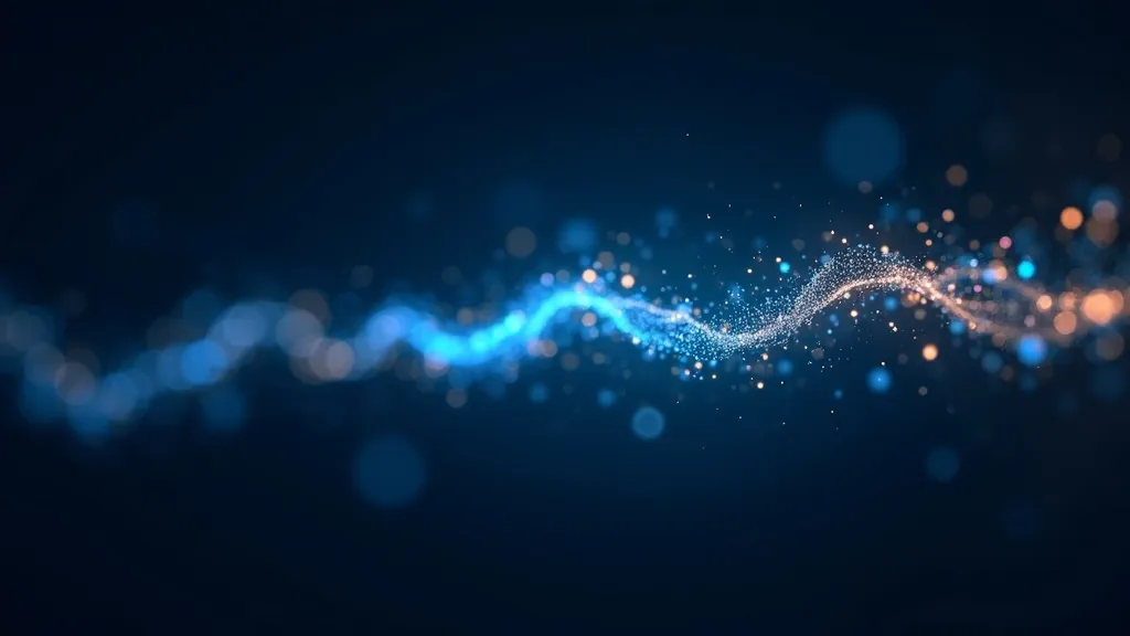 Flusso astratto luminoso di dati binari che si trasforma in un flusso di caratteri testuali su sfondo blu indaco scuro con luci ciano e oro