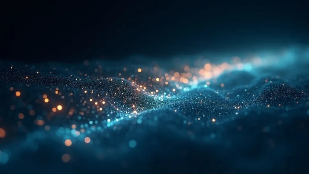 Un'immagine astratta che si dissolve in un flusso luminoso di caratteri e si riassembla, indigo navy con ciano e oro