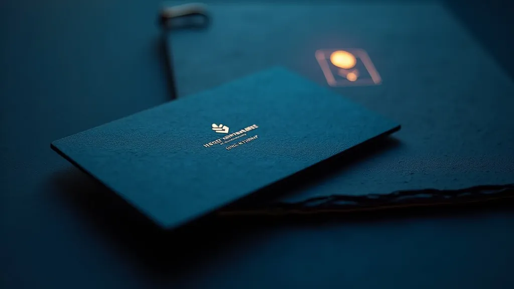 Biglietto da visita elegante ed emblema di firma su carta intestata professionale che brillano in ciano e oro