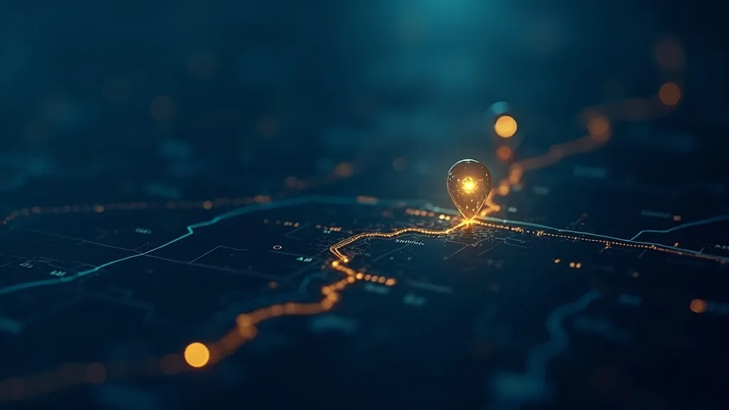 Due marcatori dorati luminosi collegati da una linea di luce misurata su una mappa scura