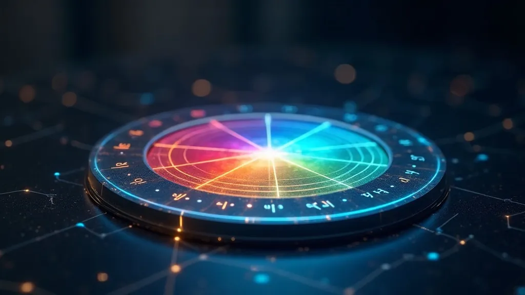 Ruota cromatica con linee di armonia che collegano tonalità complementari e triadiche in un'atmosfera da studio di design