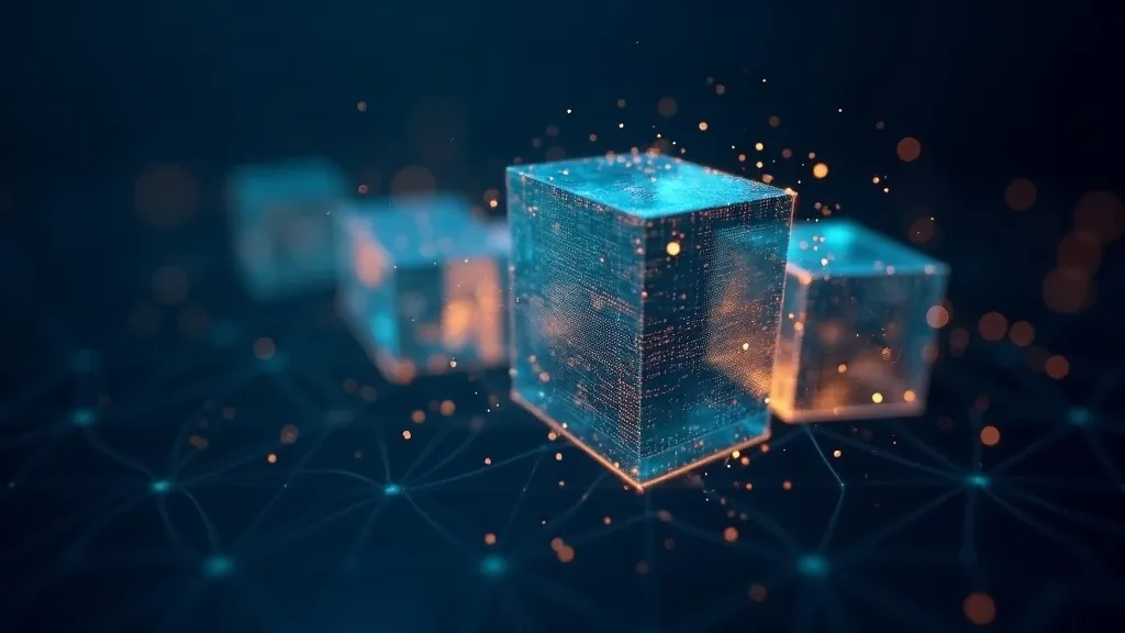 Blocchi di dati luminosi astratti che si trasformano da una forma strutturata all'altra in indaco scuro e ciano