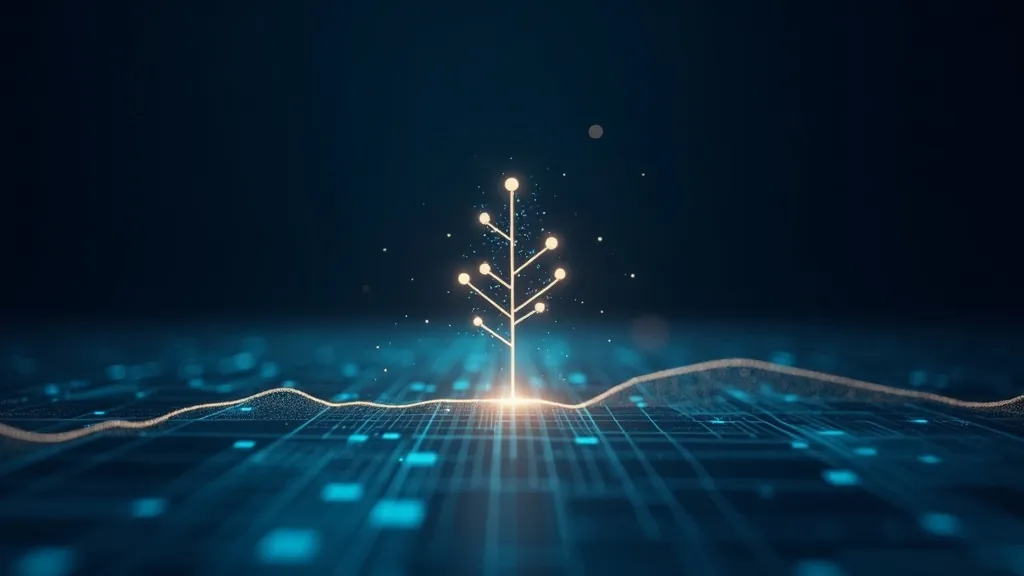 Griglia del foglio di calcolo che si trasforma in un albero luminoso di parentesi JSON in ciano e oro
