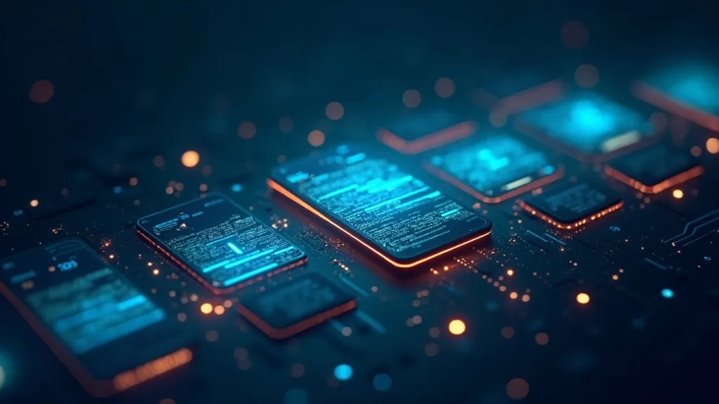 Abstracte API-datapijplijn met gloeiende terminalpanelen in marine en goud, zonder leesbare tekst