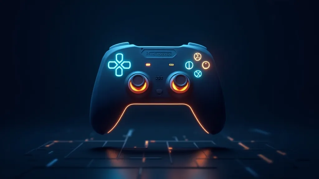 Controller luminoso su sfondo indaco scuro con pulsanti e stick analogici evidenziati in ciano e oro