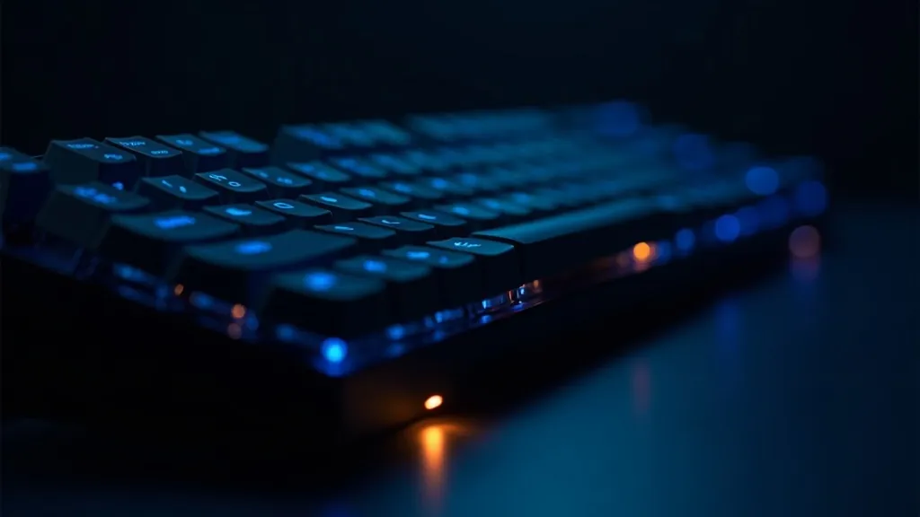 Tastiera meccanica luminosa con i singoli tasti che si illuminano in ciano e oro su sfondo indaco scuro