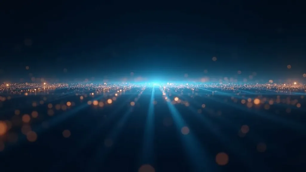 Monitor luminoso che mostra un'ampia panoramica fluida ad alta frequenza in indaco scuro, ciano e oro