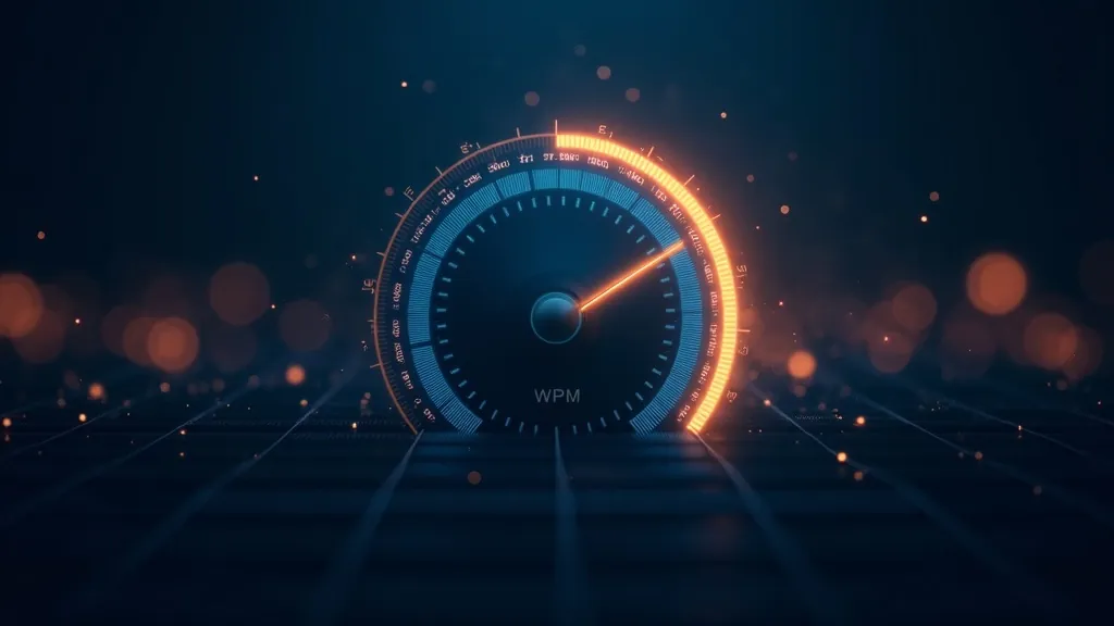 어두운 네이비 배경에 시안과 금색 정확도 링과 짝을 이룬 추상적인 빛나는 WPM 속도 다이얼