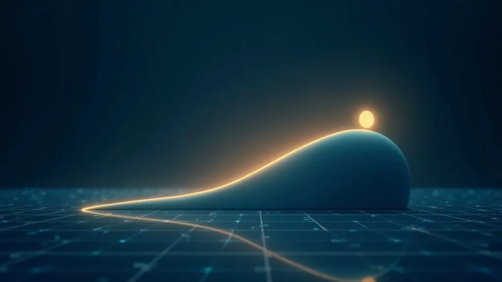 Curva astratta luminosa che sale verso un orizzonte di indipendenza finanziaria su sfondo blu indaco con accenti ciano e oro