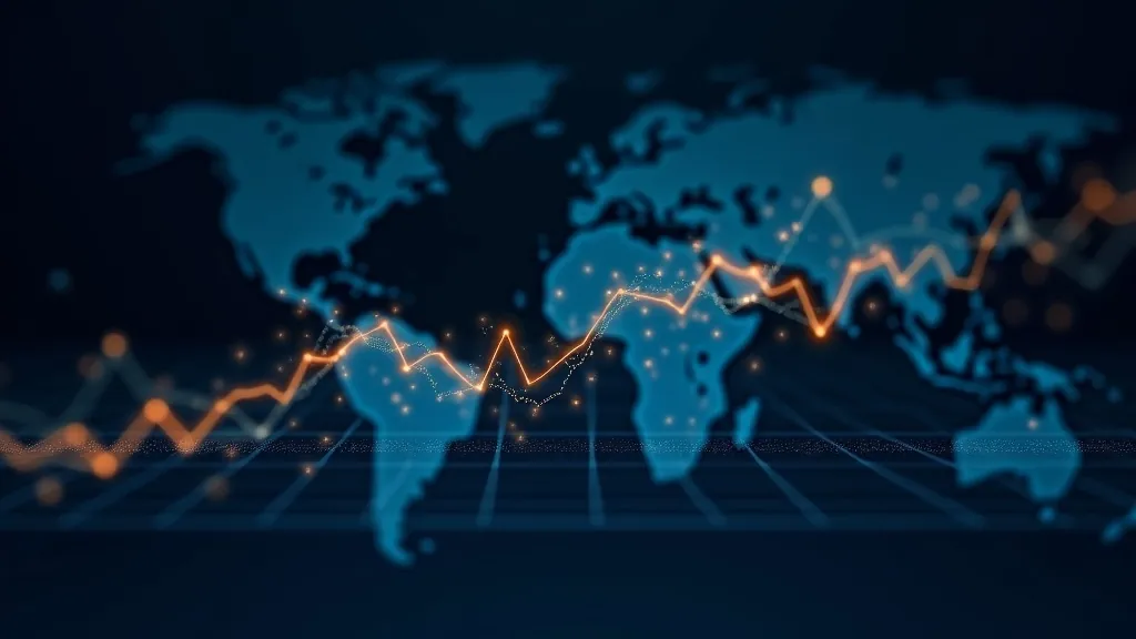 Grafico a linee del tasso di cambio luminoso e nodi di rete valutaria interconnessi su sfondo indaco scuro con accenti in ciano e oro