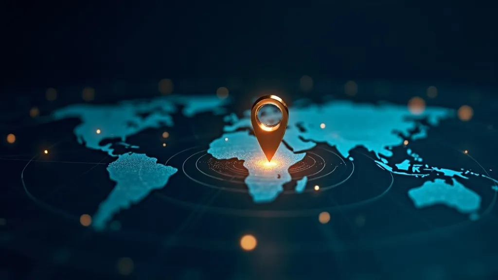 Pin di localizzazione luminoso che sovrasta una mappa mondiale stilizzata scura con percorsi di rete in ciano