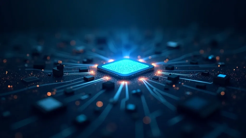 Abstrakte Visualisierung einer öffentlichen IP-Adresse als leuchtender Netzwerkknoten, der viele Geräte mit dem Internet verbindet