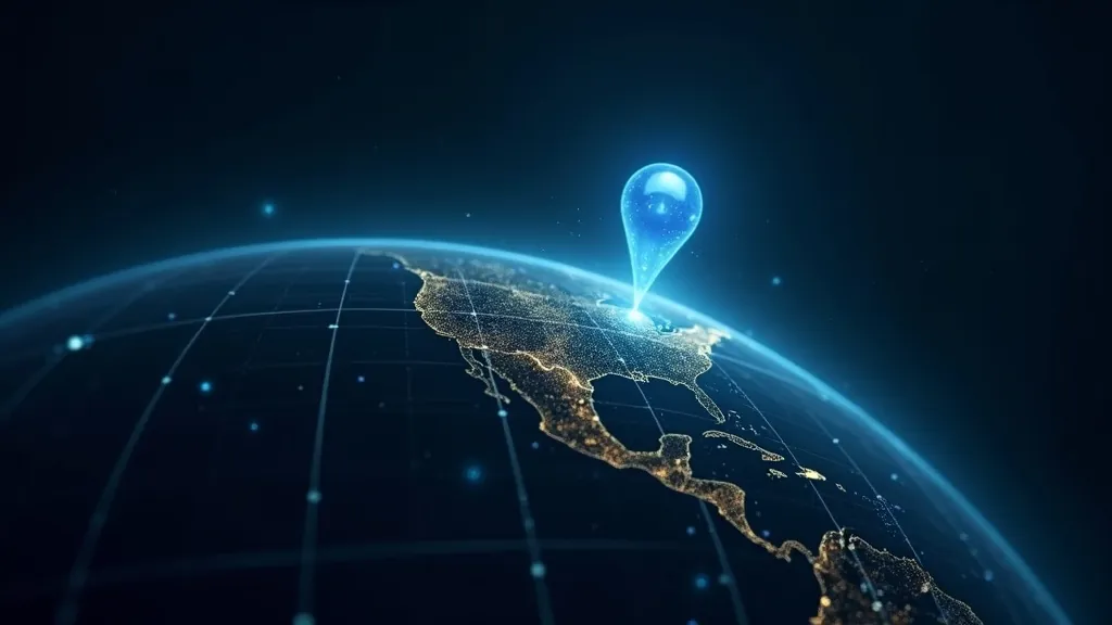Weltkarte mit ungefähren IP-Geolokalisierungszonen, die über Regionen leuchten, kontrastiert mit einer präzisen GPS-Markierung
