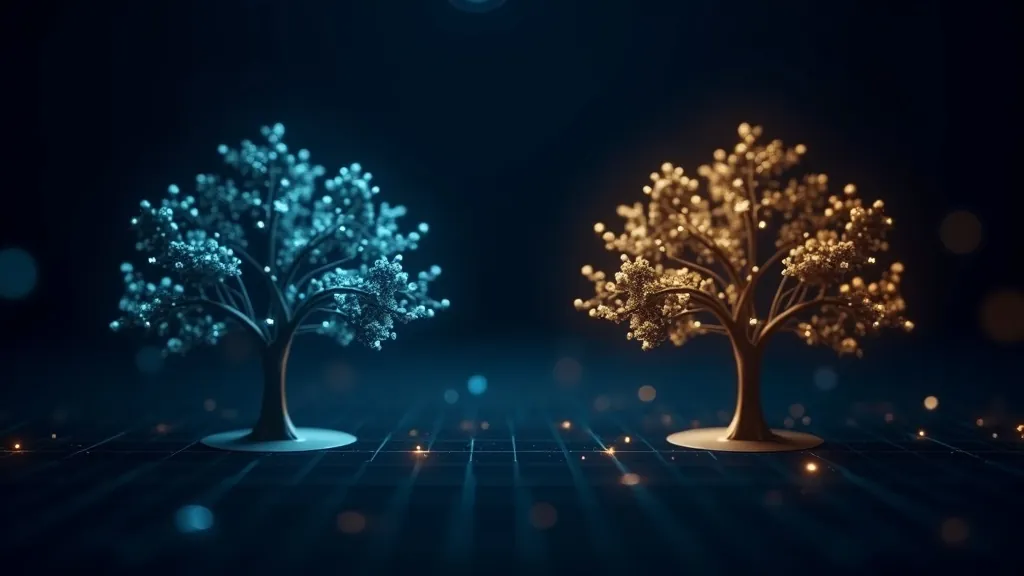 Due alberi di dati strutturati collegati da nodi di markup astratti fatti di luce ciano e oro