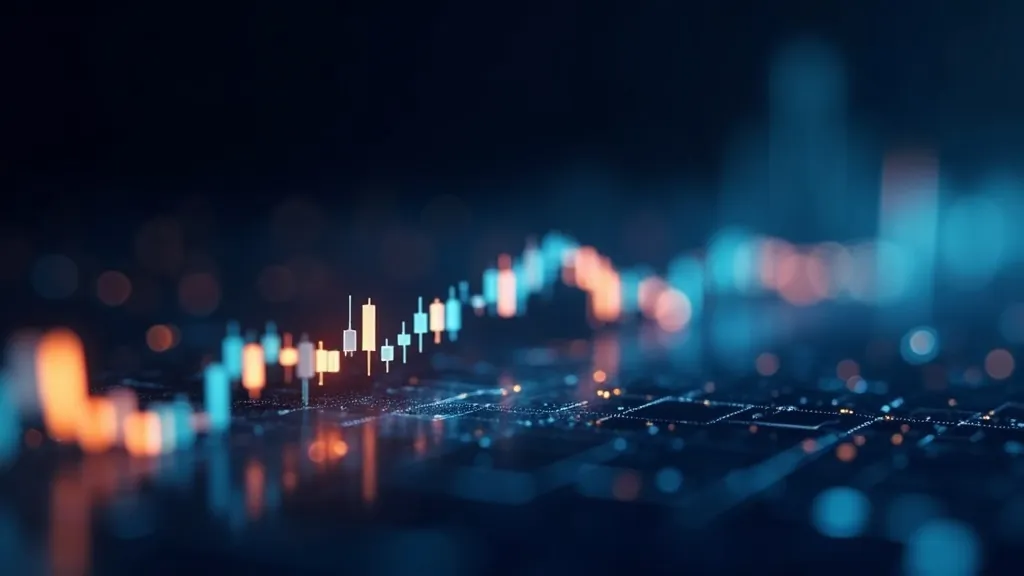 Grafico finanziario a candele astratto luminoso in ciano e oro su sfondo blu notte