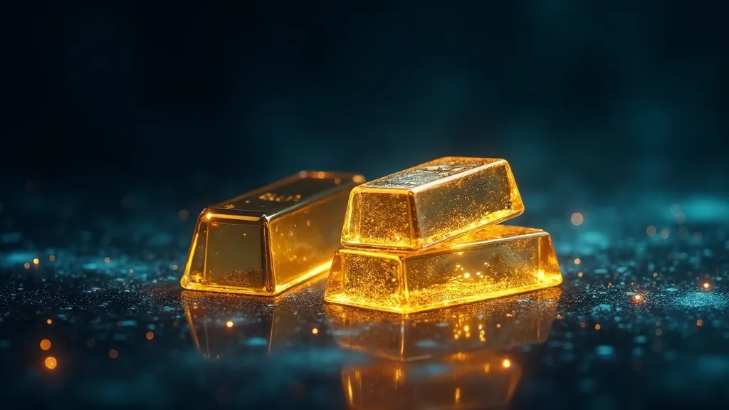 Lingotti d'oro astratti luminosi e barili di petrolio resi come forme ciano e oro in uno spazio buio