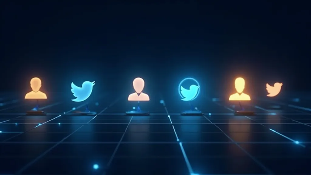 Fila di badge avatar luminosi e simboli di handle astratti che fluttuano in un navy profondo con accenti ciano e dorati