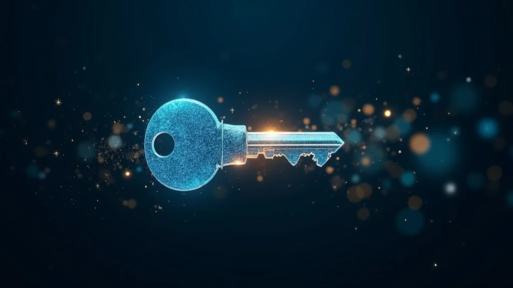 Chiave ciano e oro che si dissolve in un flusso di caratteri casuali su sfondo indaco scuro