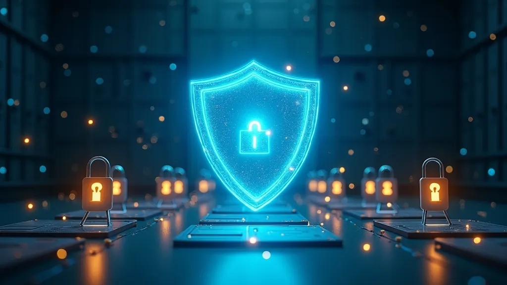 Scudo luminoso che protegge file di schede credenziali bloccate in un vault ciano e oro su sfondo navy