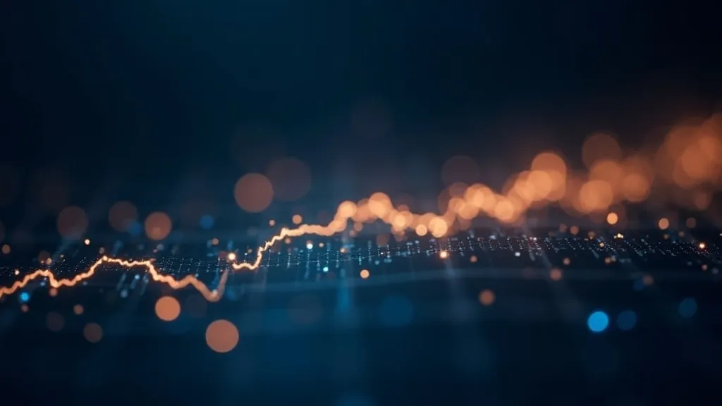 Plusieurs points d'entrée lumineux sur un graphique de cours convergeant vers une seule ligne moyenne, fond bleu indigo profond avec accents cyan et or