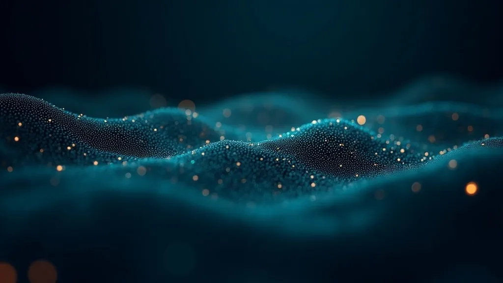 Parole selezionate che brillano di oro ed evidenziate all'interno di un fiume di particelle di testo ciano su sfondo navy scuro