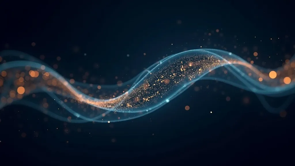 Nastro luminoso di caratteri astratti che si ribaltano e si specchiano su uno sfondo indaco scuro