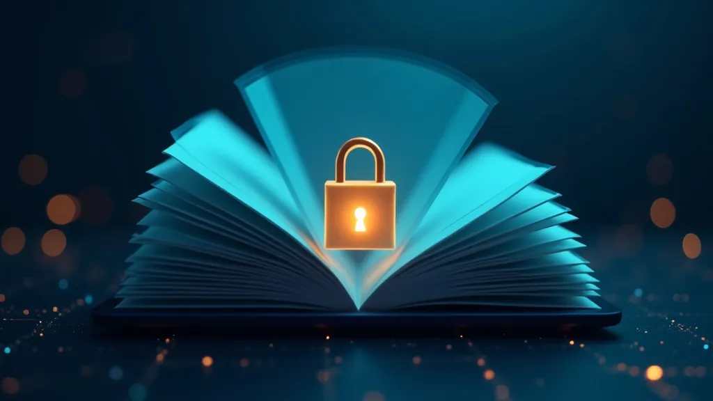Des pages PDF s'éventant depuis une pile derrière un cadenas de confidentialité sur un appareil local, accents cyan et or