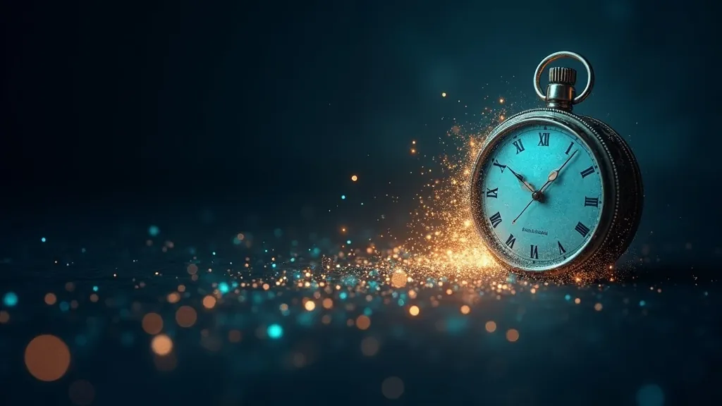 Glowing clock dissolving into a stream of light-digits, representing Unix epoch time