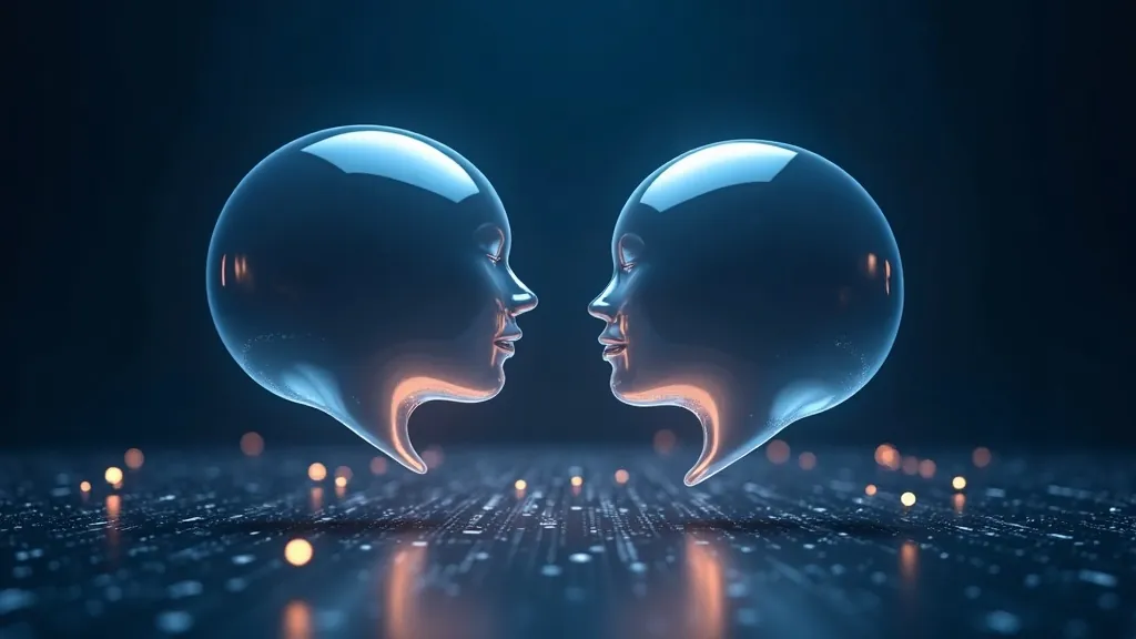 Due bolle di dialogo luminose collegate da un ponte di glifi e simboli astratti che rappresentano le lingue del mondo, sfondo blu notte con accenti ciano e oro